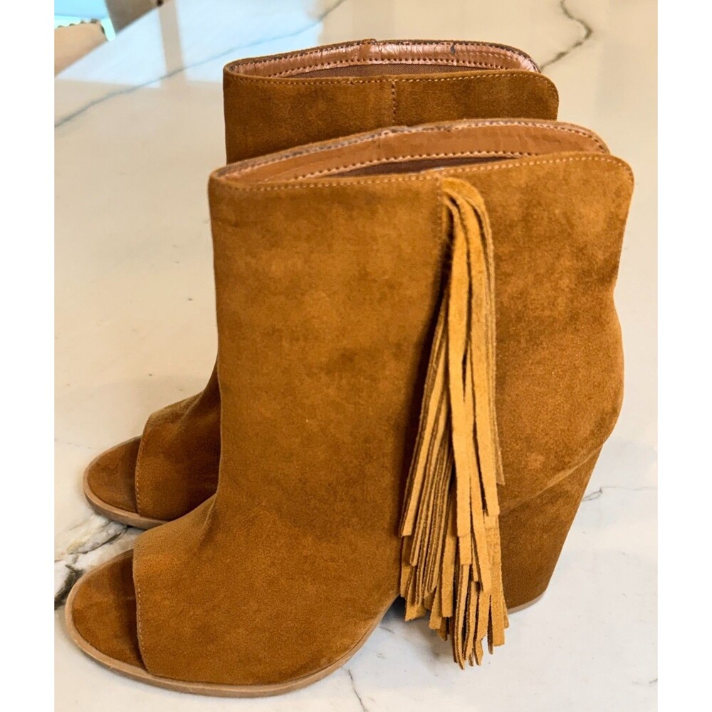 DV Dolce Vita Suede Booties Womens Brown Fringe Open Toe Western Boho Festival